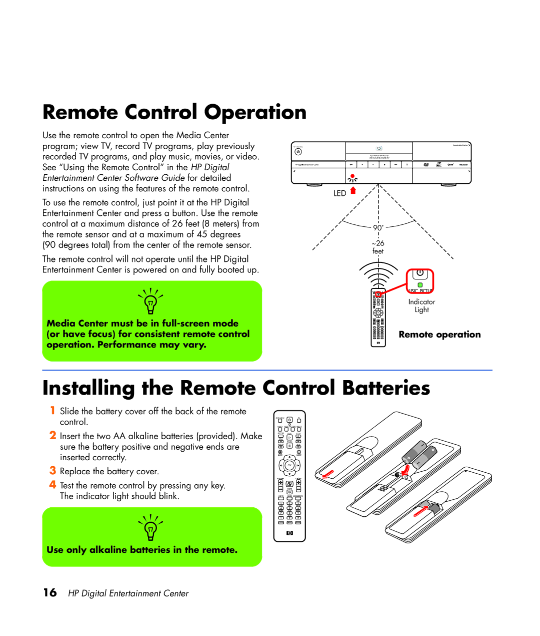 HP 2307890A manual Remote Control Operation, Installing the Remote Control Batteries, Remote operation 