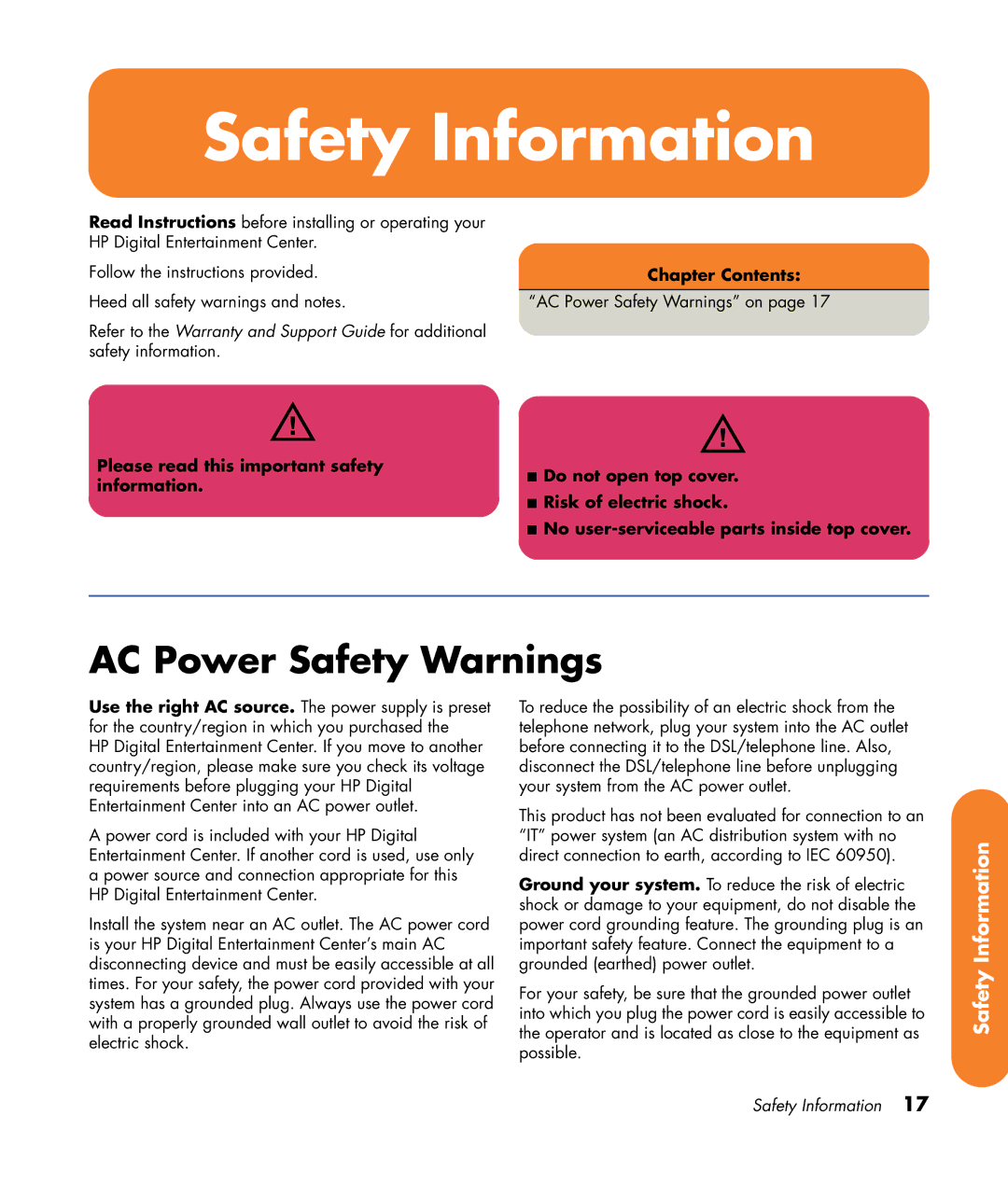 HP 2307890A manual Safety Information, AC Power Safety Warnings 