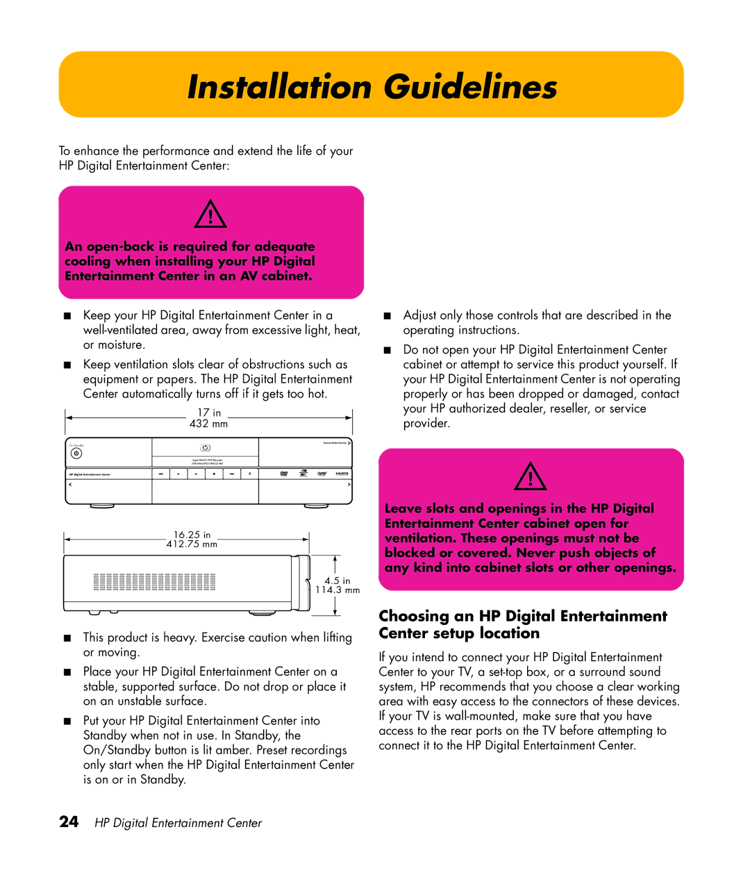 HP 2307890A manual Installation Guidelines, Choosing an HP Digital Entertainment Center setup location 