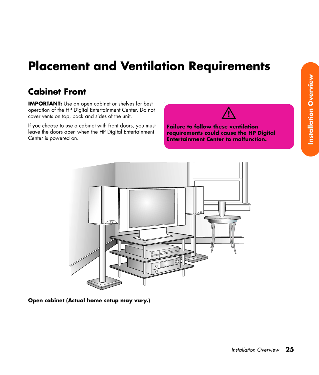 HP 2307890A manual Placement and Ventilation Requirements, Cabinet Front, Open cabinet Actual home setup may vary 