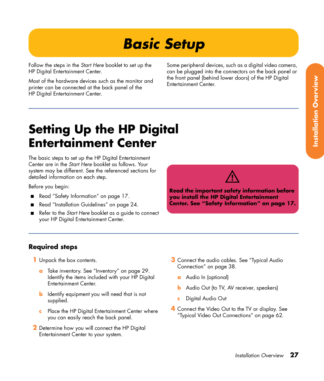 HP 2307890A manual Basic Setup, Setting Up the HP Digital Entertainment Center 