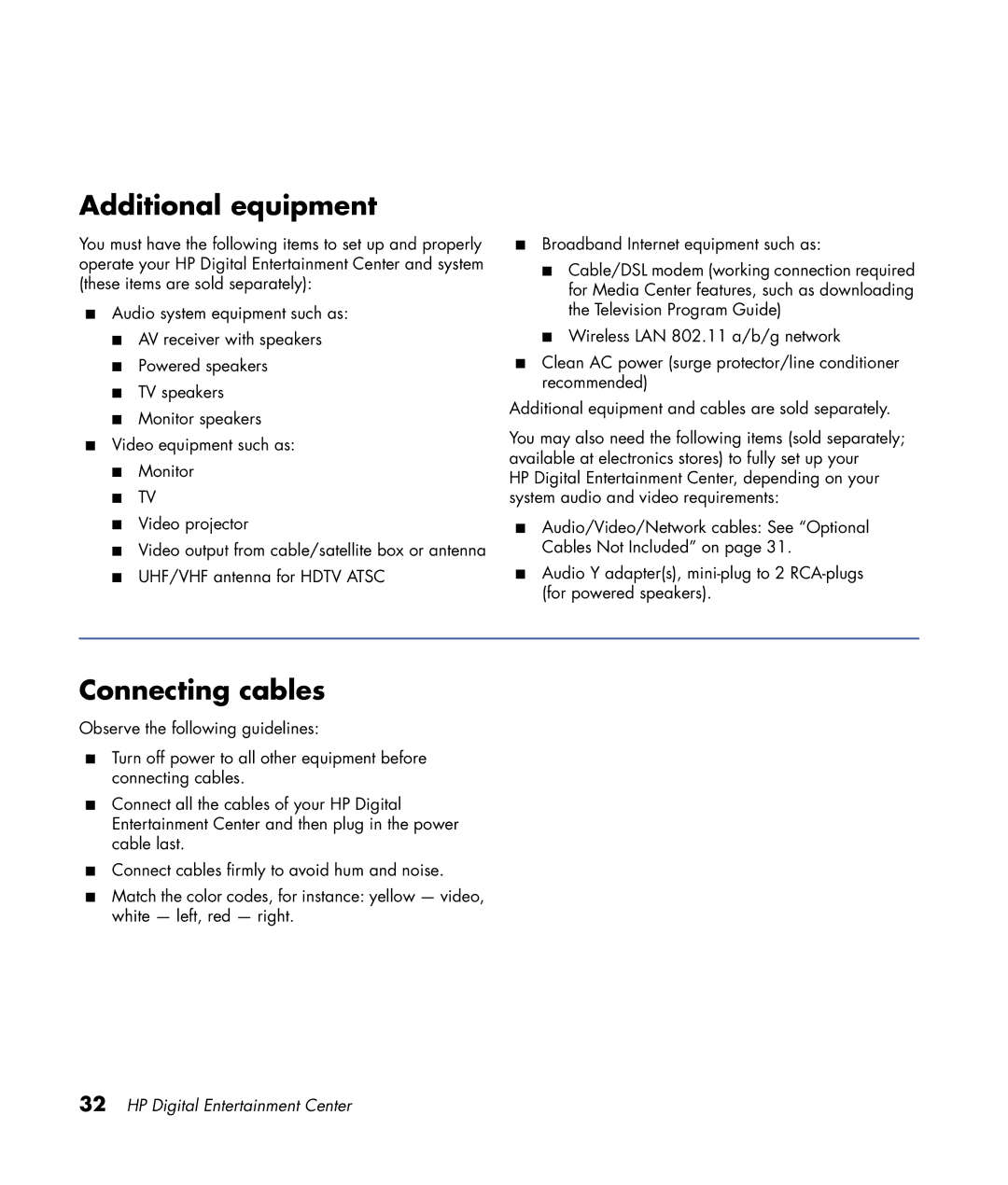 HP 2307890A manual Additional equipment, Connecting cables 