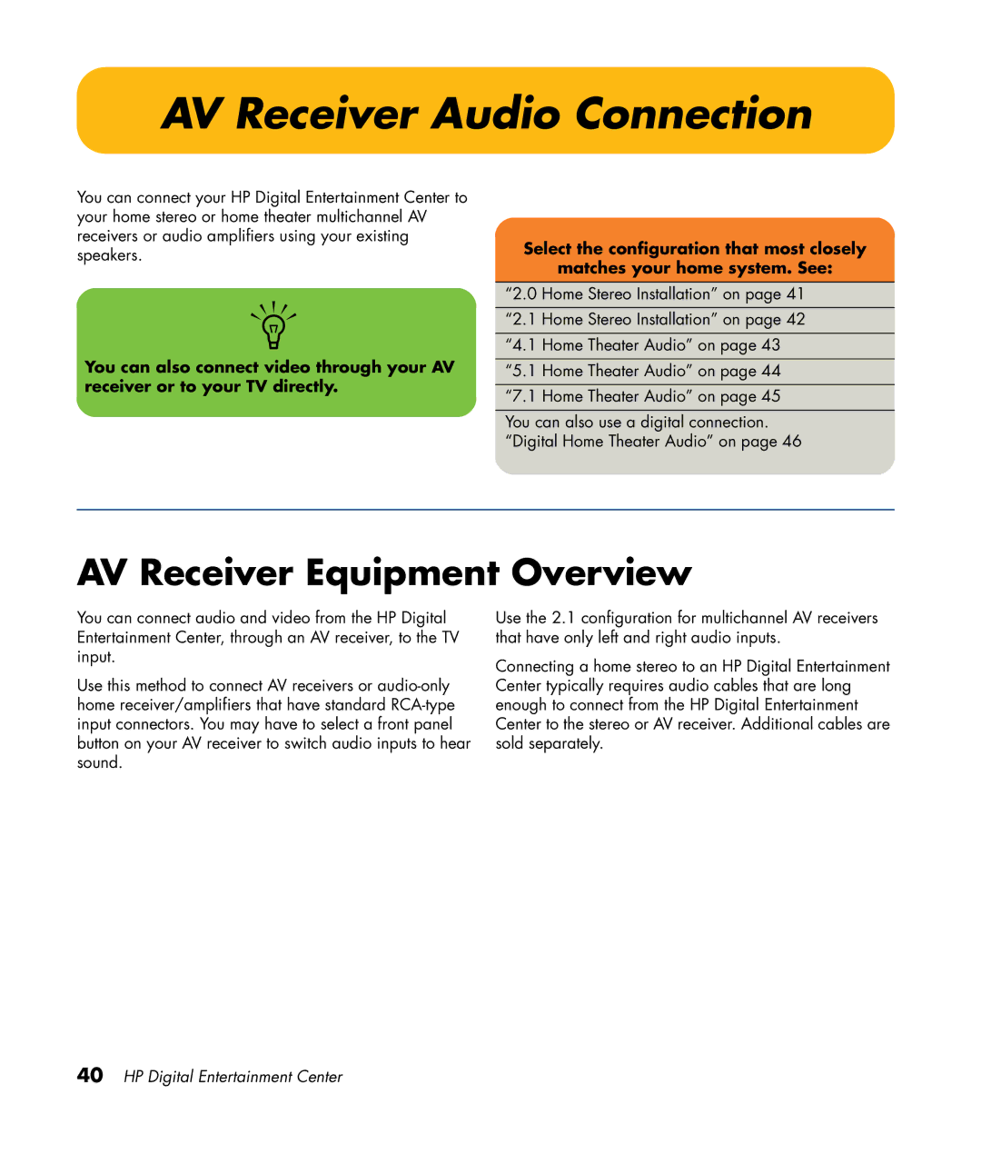 HP 2307890A manual AV Receiver Audio Connection, AV Receiver Equipment Overview 