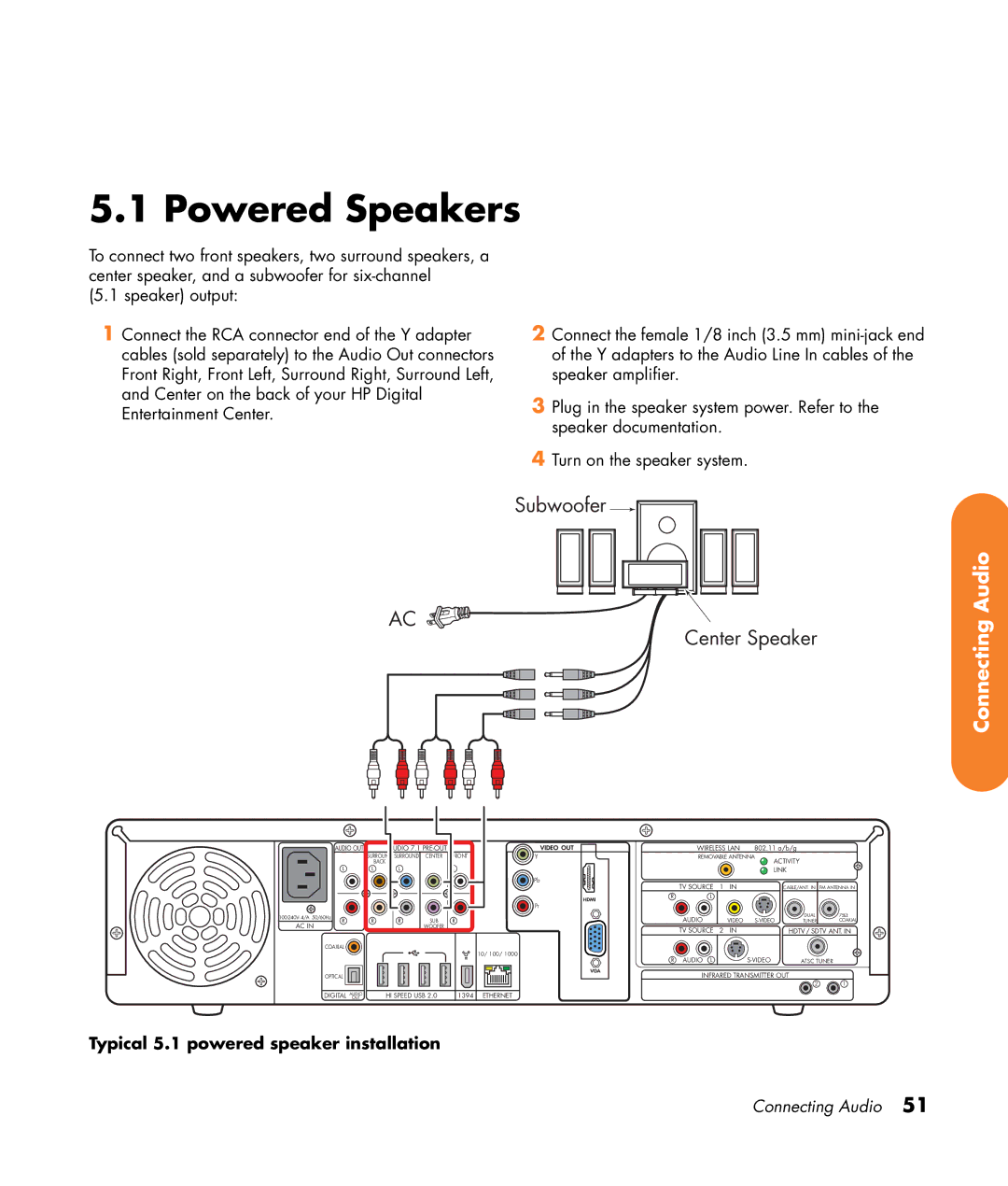 HP 2307890A manual Typical 5.1 powered speaker installation 