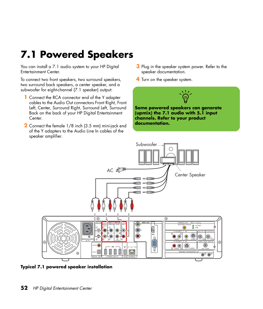 HP 2307890A manual Center Speaker, Typical 7.1 powered speaker installation 