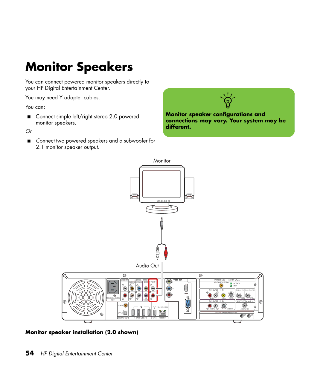 HP 2307890A manual Monitor Speakers, Monitor speaker installation 2.0 shown 