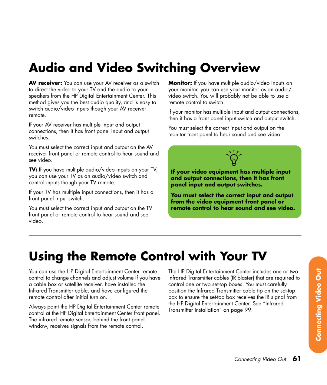 HP 2307890A manual Audio and Video Switching Overview, Using the Remote Control with Your TV 