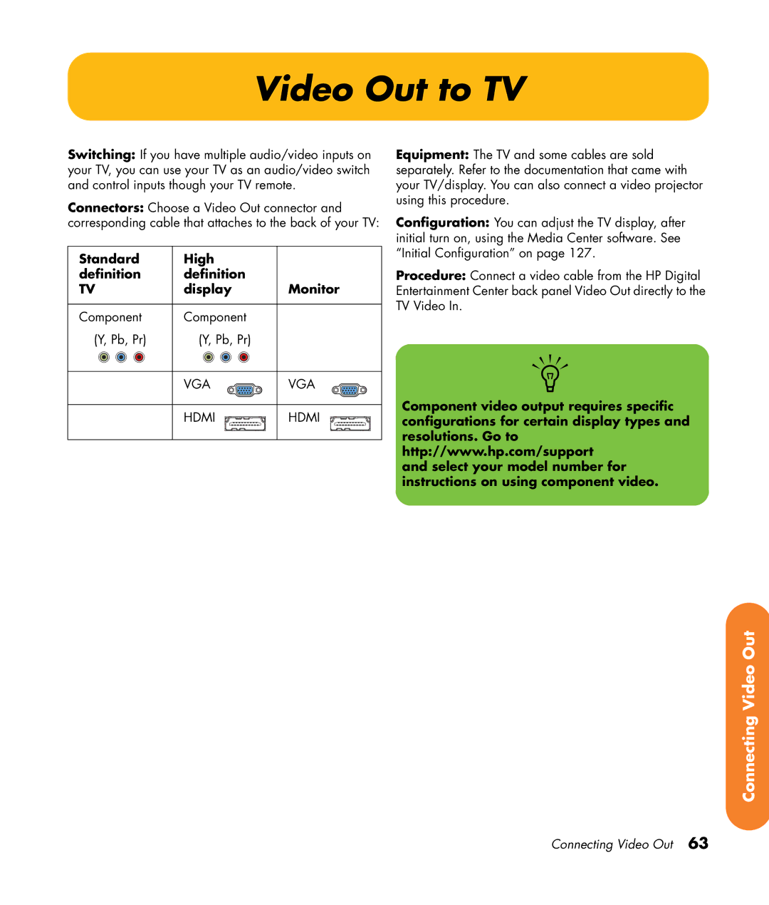 HP 2307890A manual Video Out to TV, Standard High Definition Display Monitor 