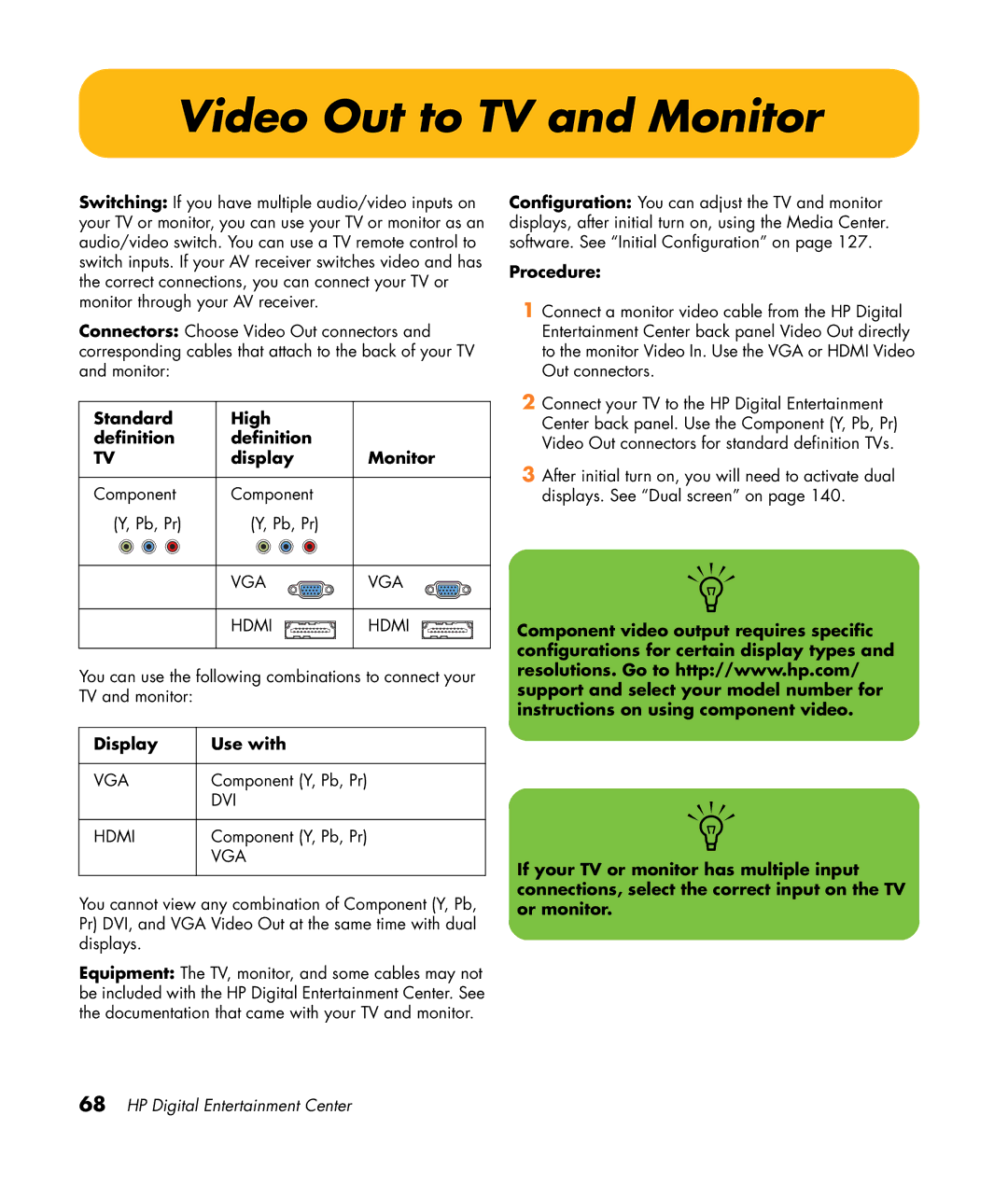 HP 2307890A manual Video Out to TV and Monitor, Display Use with, Procedure 