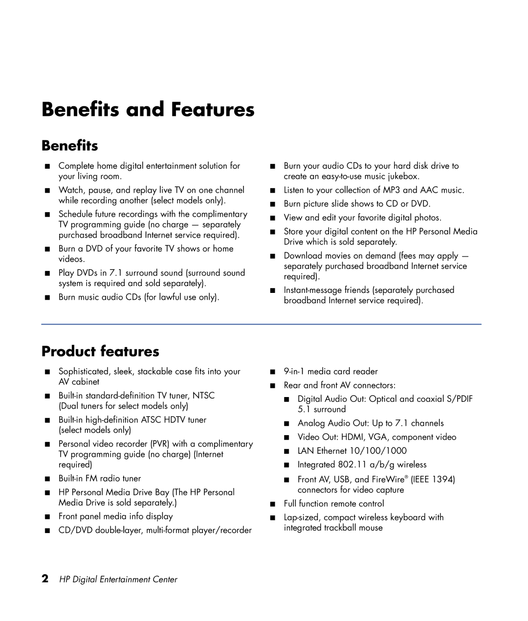 HP 2307890A manual Benefits and Features, Product features 