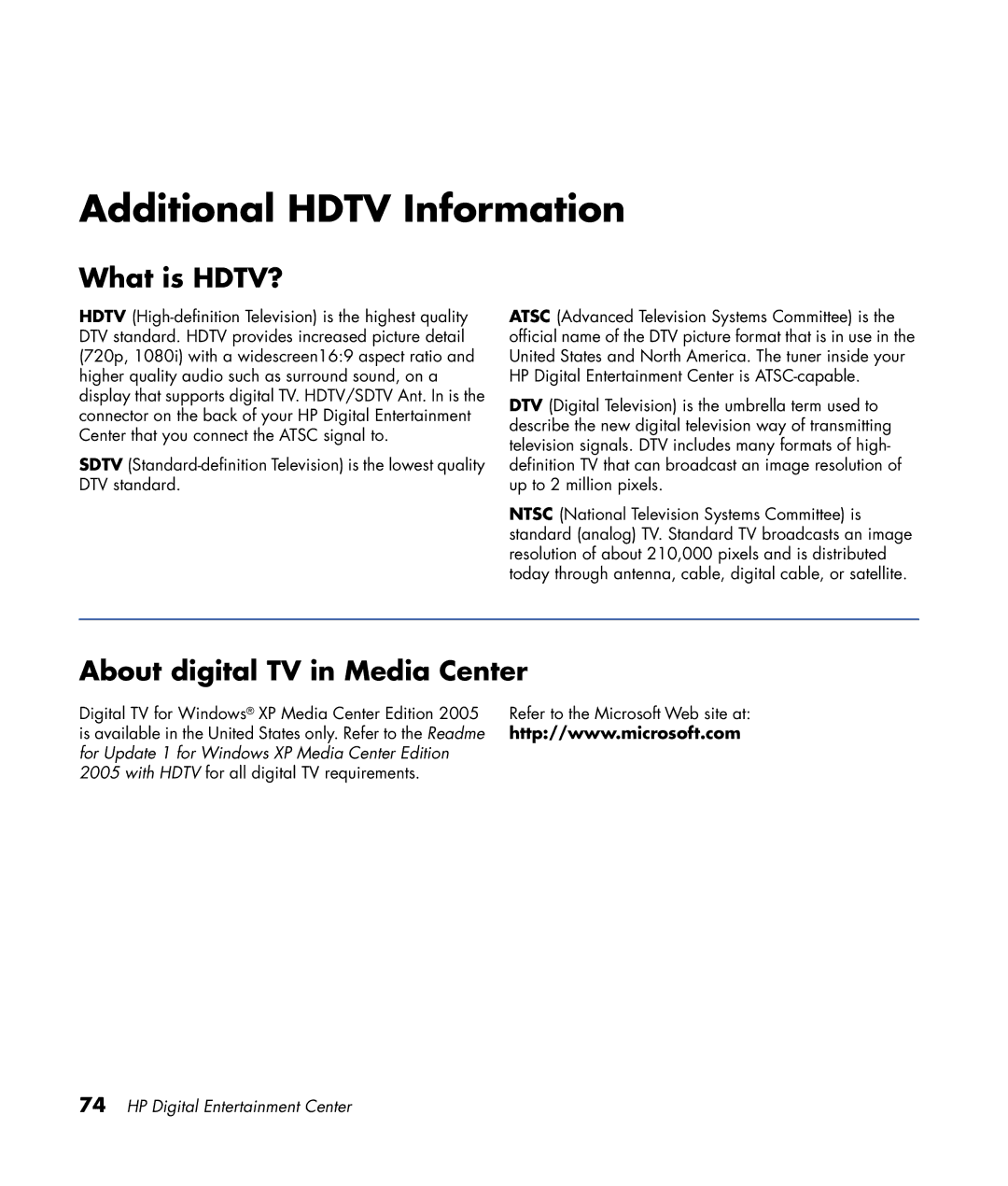 HP 2307890A manual Additional Hdtv Information, What is HDTV?, About digital TV in Media Center 