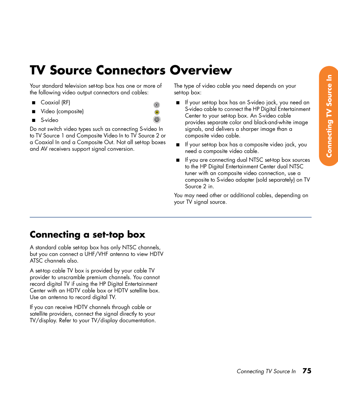 HP 2307890A manual TV Source Connectors Overview, Connecting a set-top box 