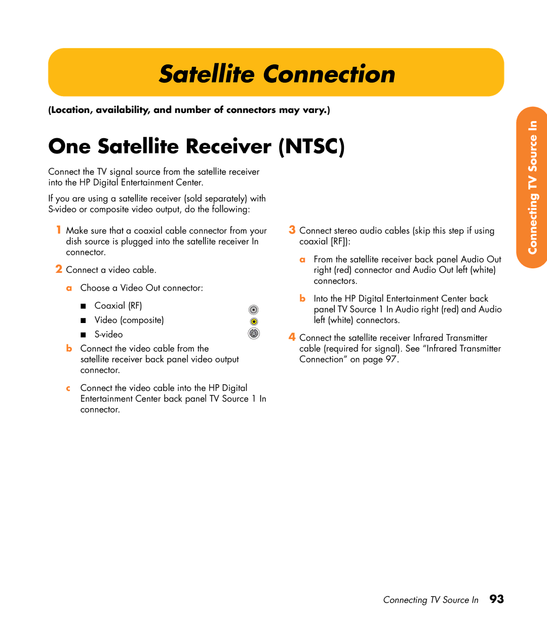 HP 2307890A manual Satellite Connection, One Satellite Receiver Ntsc 