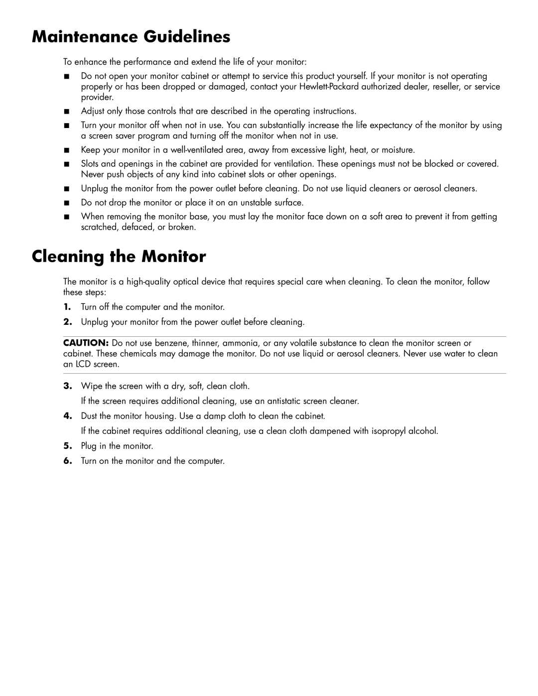 HP 2309M, 2159V manual Maintenance Guidelines, Cleaning the Monitor 