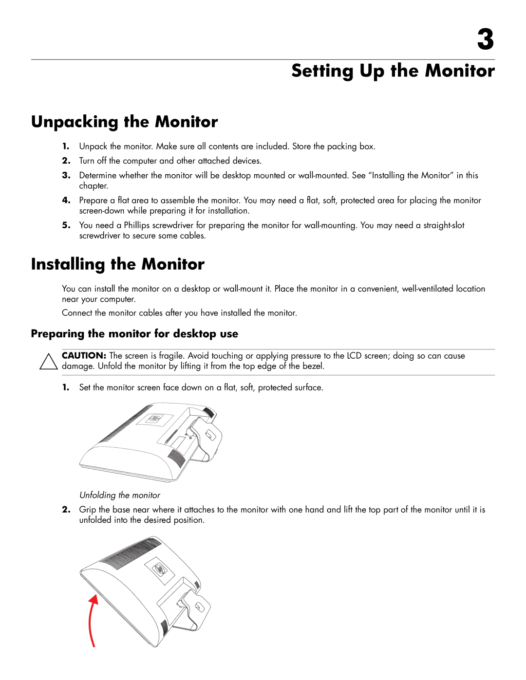 HP 2159V Setting Up the Monitor, Unpacking the Monitor, Installing the Monitor, Preparing the monitor for desktop use 