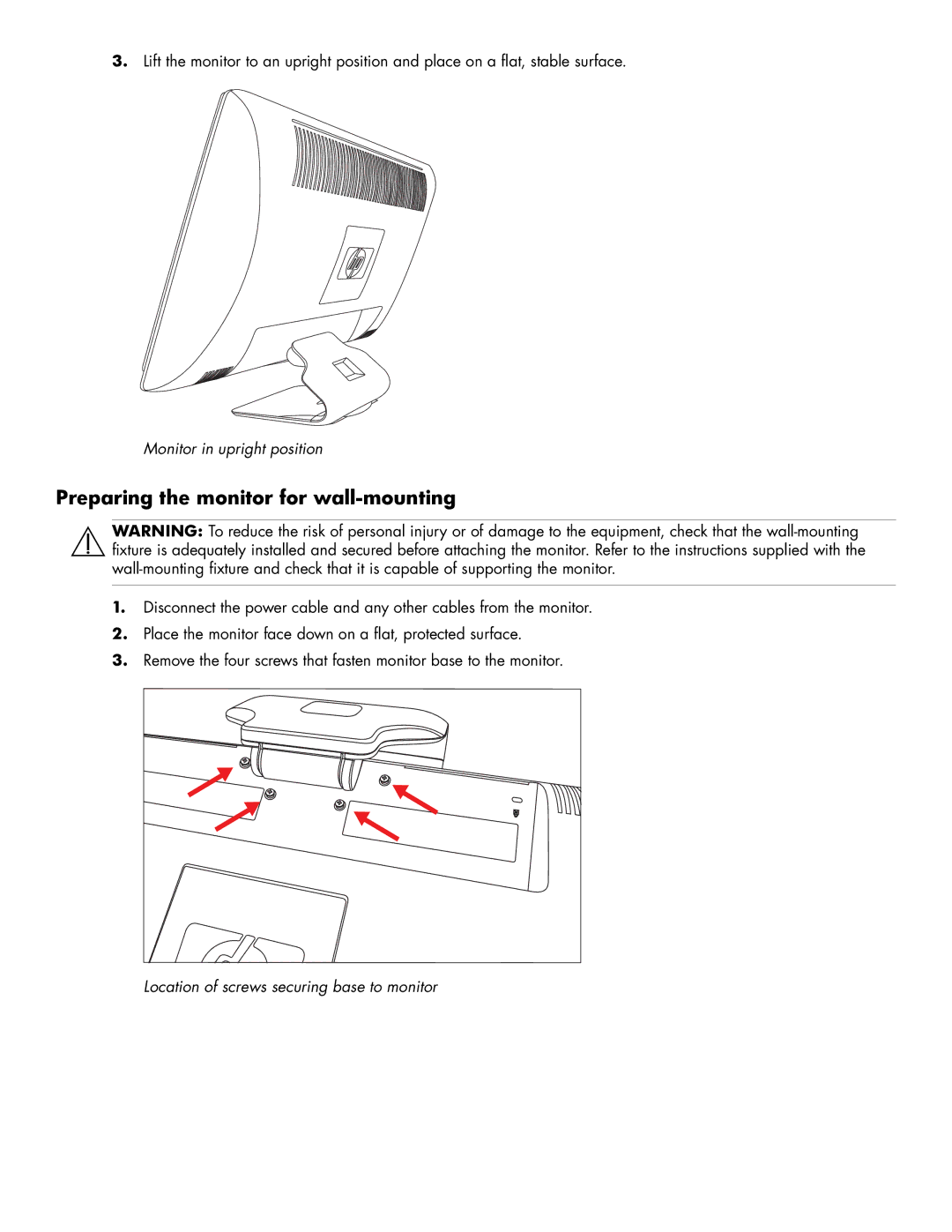 HP 2309M, 2159V manual Preparing the monitor for wall-mounting 