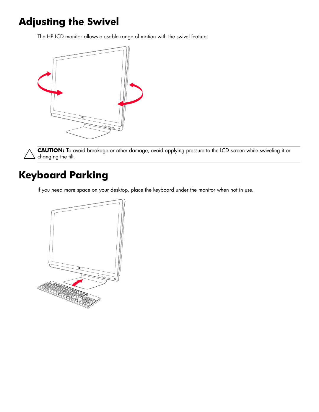 HP 2309M, 2159V manual Adjusting the Swivel, Keyboard Parking 