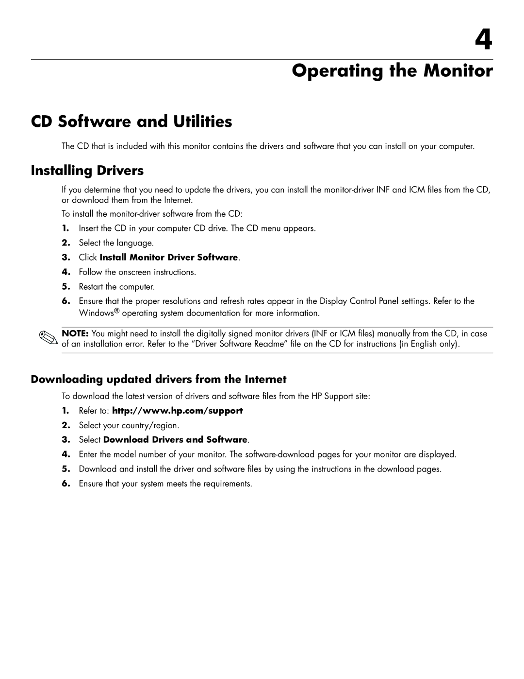 HP 2159V, 2309M manual Operating the Monitor, CD Software and Utilities, Installing Drivers 