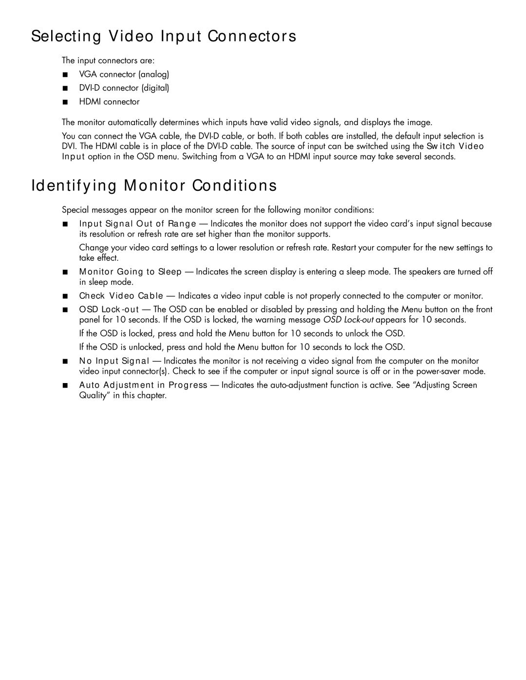 HP 2159V, 2309M manual Selecting Video Input Connectors, Identifying Monitor Conditions 