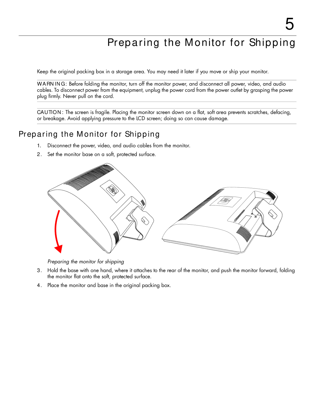 HP 2159V, 2309M manual Preparing the Monitor for Shipping 