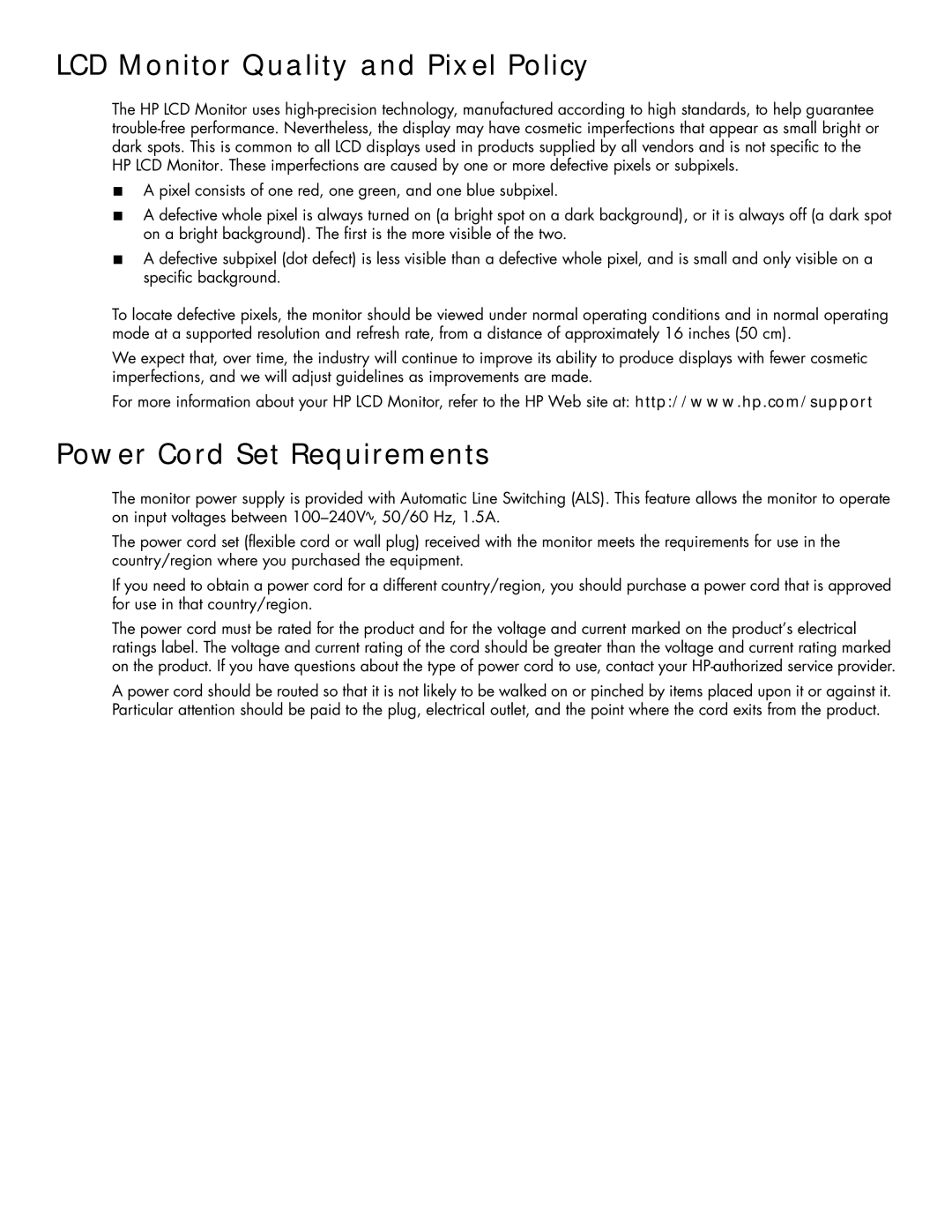 HP 2309M, 2159V manual LCD Monitor Quality and Pixel Policy, Power Cord Set Requirements 