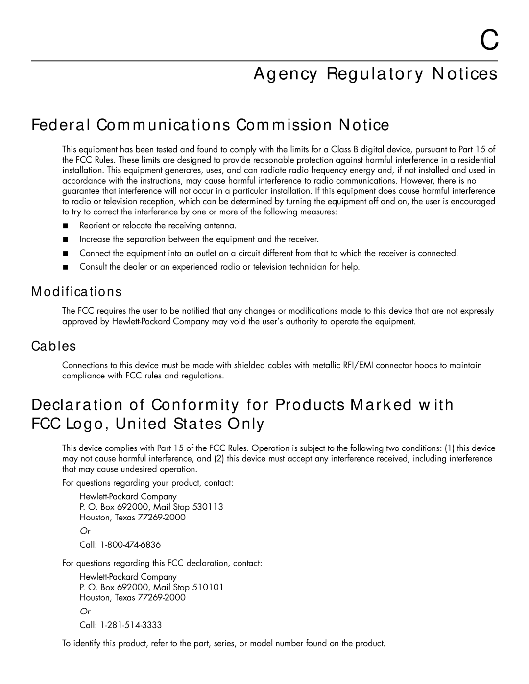 HP 2159V, 2309M manual Agency Regulatory Notices, Federal Communications Commission Notice, Modifications, Cables 