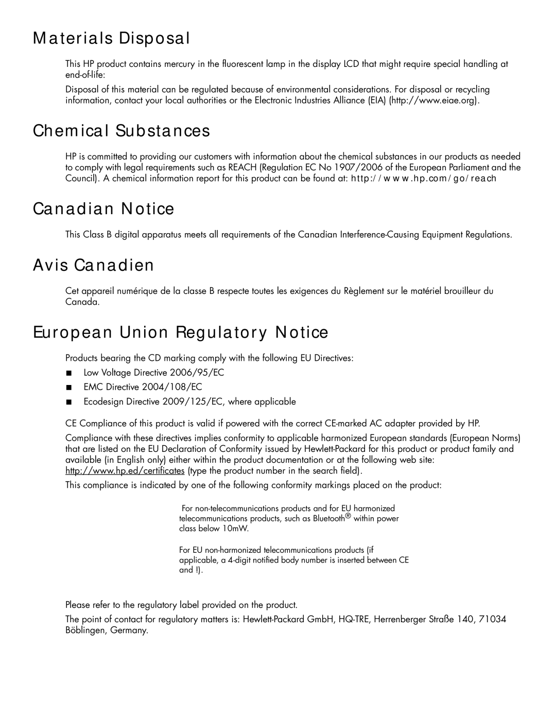 HP 2309M, 2159V Materials Disposal, Chemical Substances, Canadian Notice, Avis Canadien, European Union Regulatory Notice 