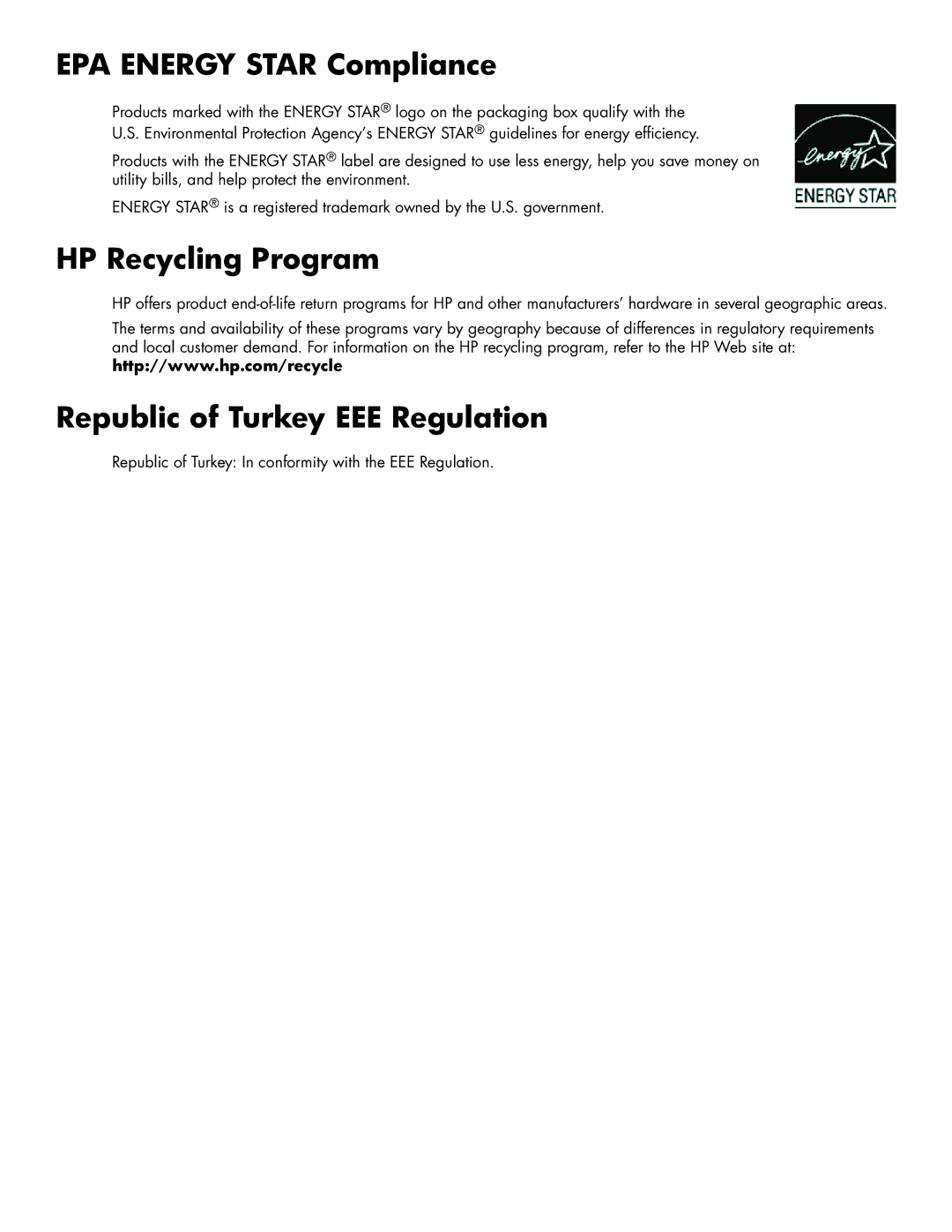 HP 2309M, 2159V manual EPA Energy Star Compliance, HP Recycling Program, Republic of Turkey EEE Regulation 