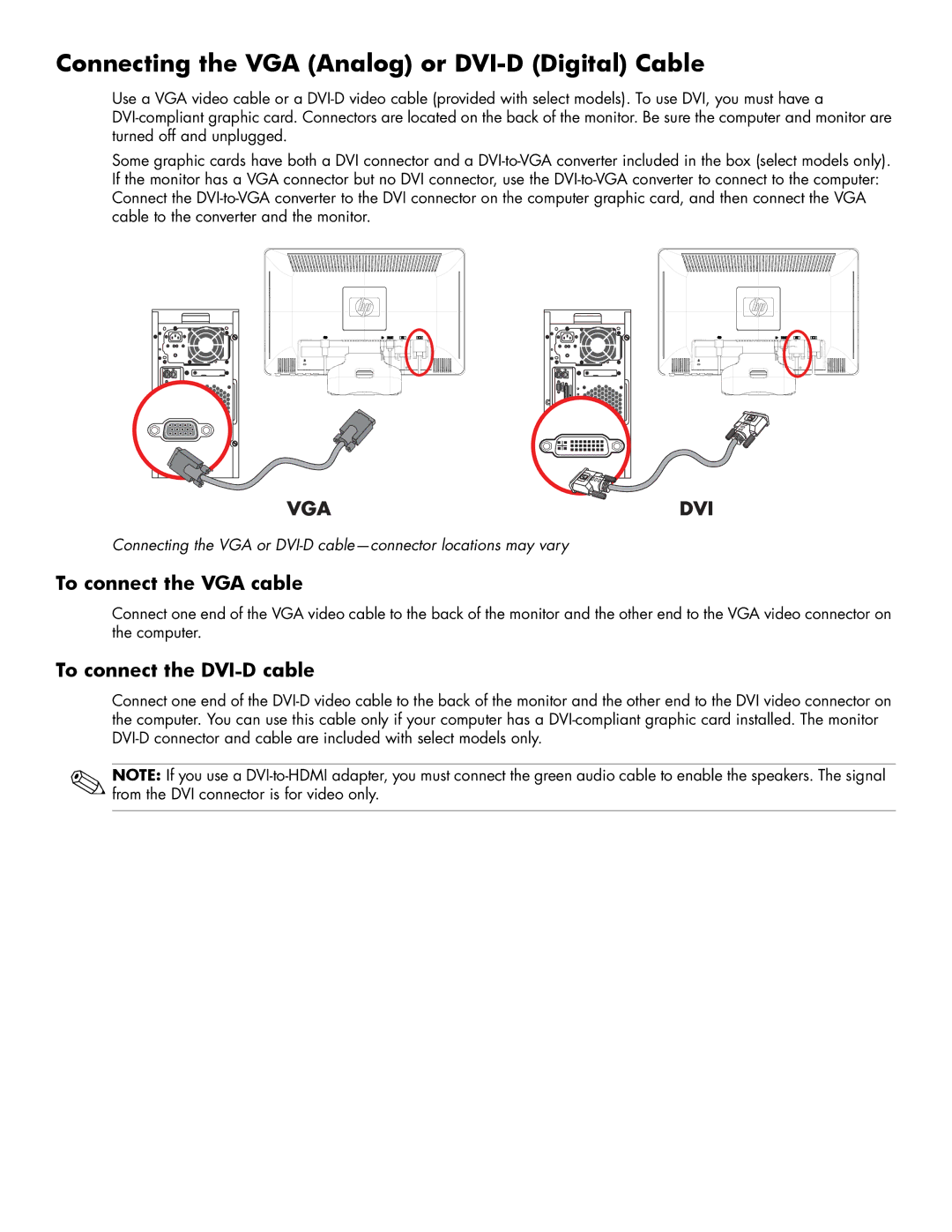 HP 2009M/V/F, 2309V Connecting the VGA Analog or DVI-D Digital Cable, To connect the VGA cable, To connect the DVI-D cable 