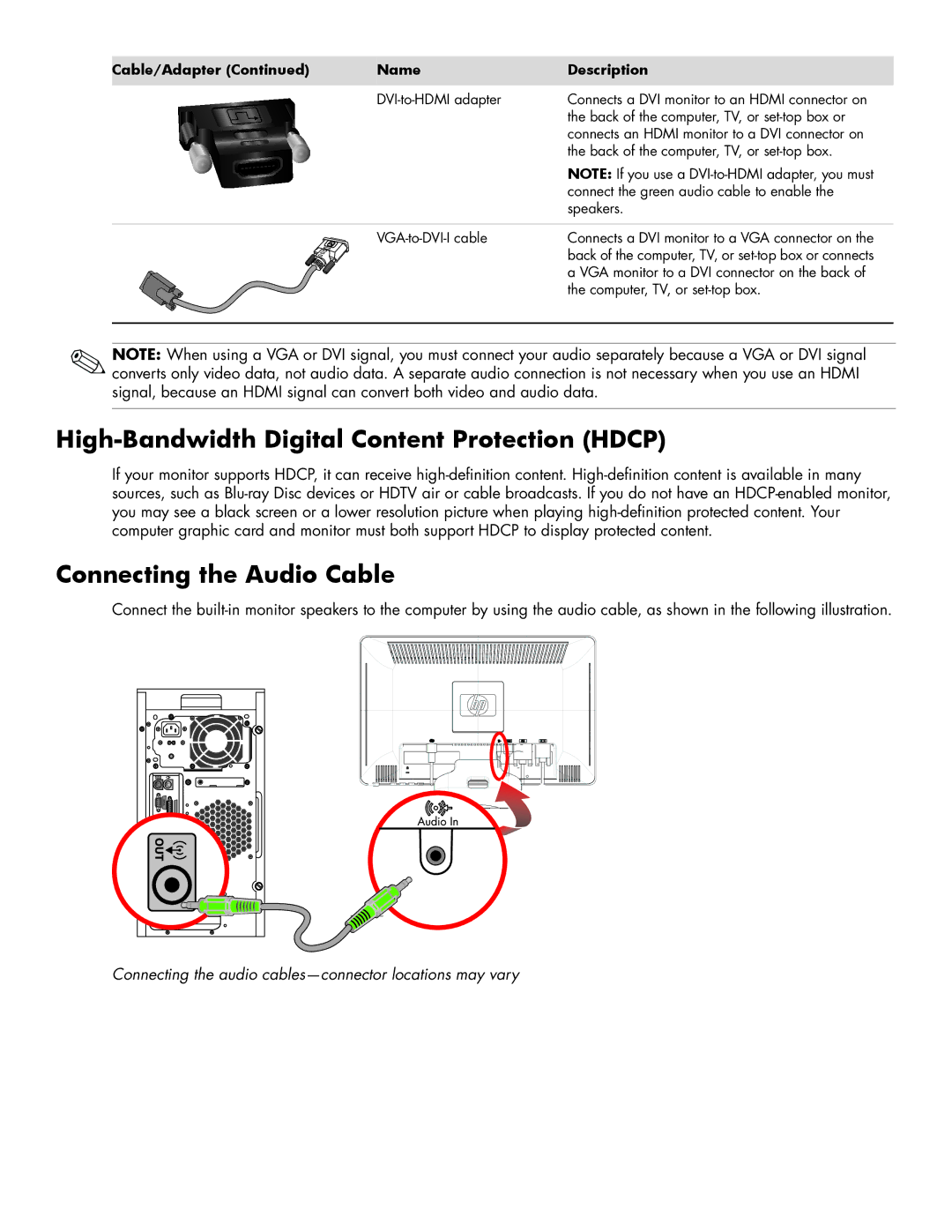 HP 2709M, 2309V, 2159V, 1859M, 2009M/V/F, 2159M/V High-Bandwidth Digital Content Protection Hdcp, Connecting the Audio Cable 