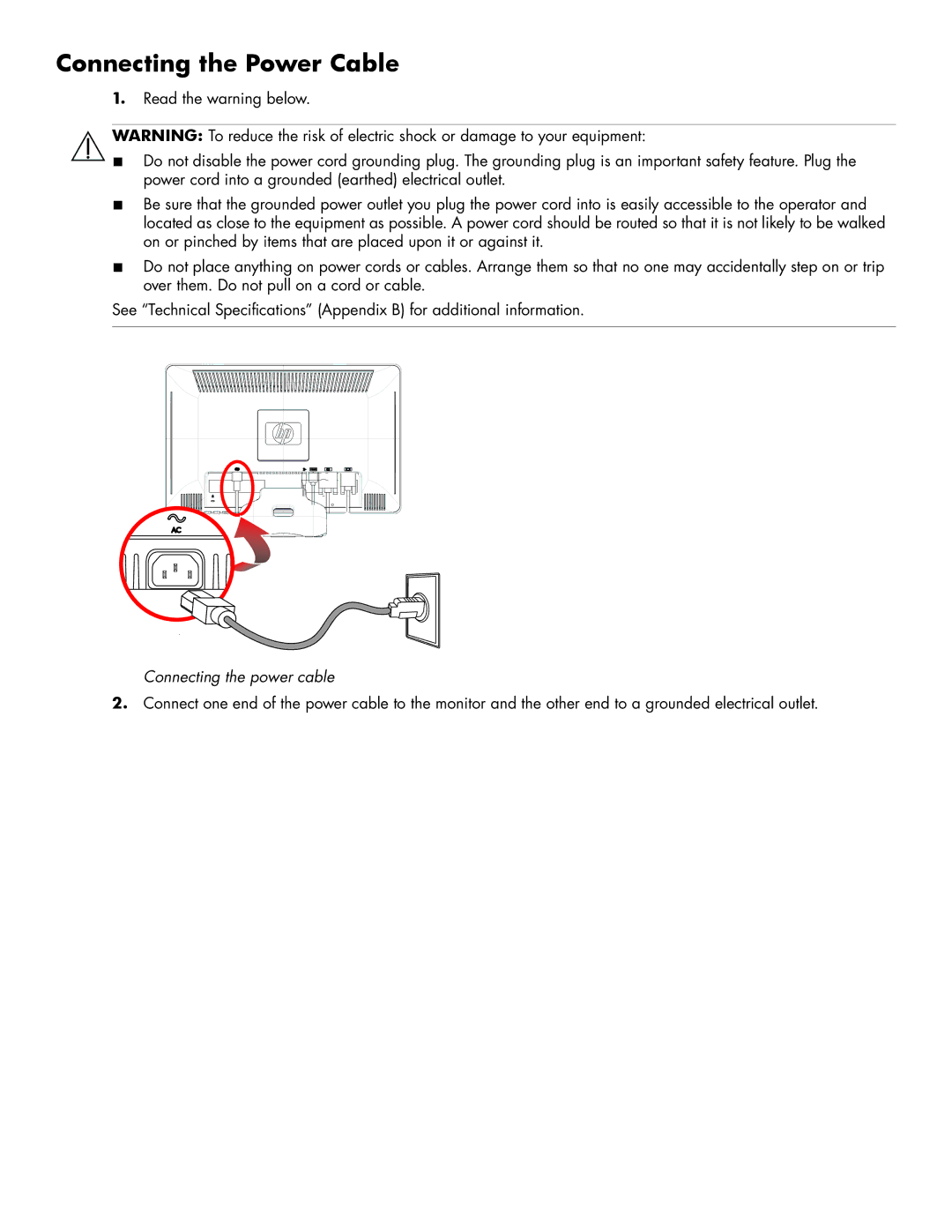 HP 2309V, 2159V, 1859M, 2009M/V/F, 2159M/V, 2709M manual Connecting the Power Cable, Connecting the power cable 