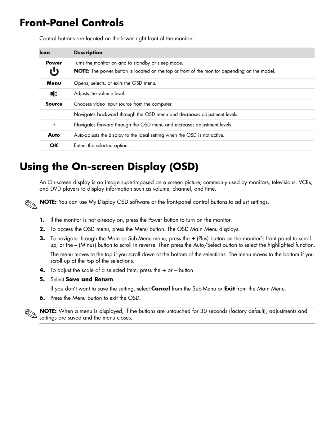 HP 2709M, 2309V, 2159V, 1859M, 2009M/V/F, 2159M/V manual Front-Panel Controls, Using the On-screen Display OSD, Icon Description 