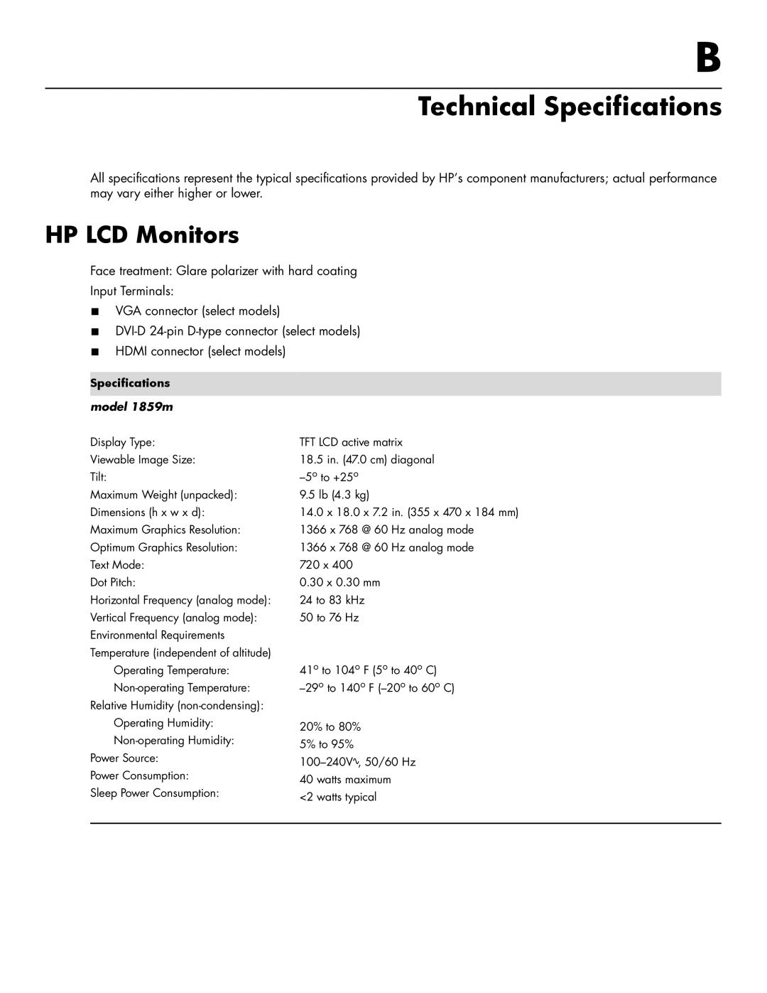 HP 2709M, 2309V, 2159V, 1859M, 2009M/V/F, 2159M/V manual Technical Specifications, Specifications model 1859m 