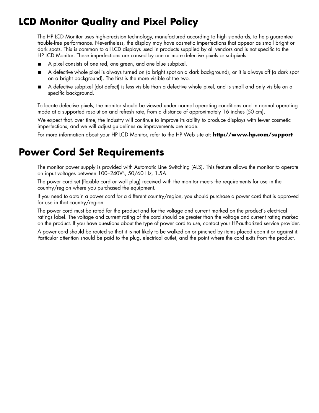 HP 2159M/V, 2309V, 2159V, 1859M, 2009M/V/F, 2709M manual LCD Monitor Quality and Pixel Policy, Power Cord Set Requirements 