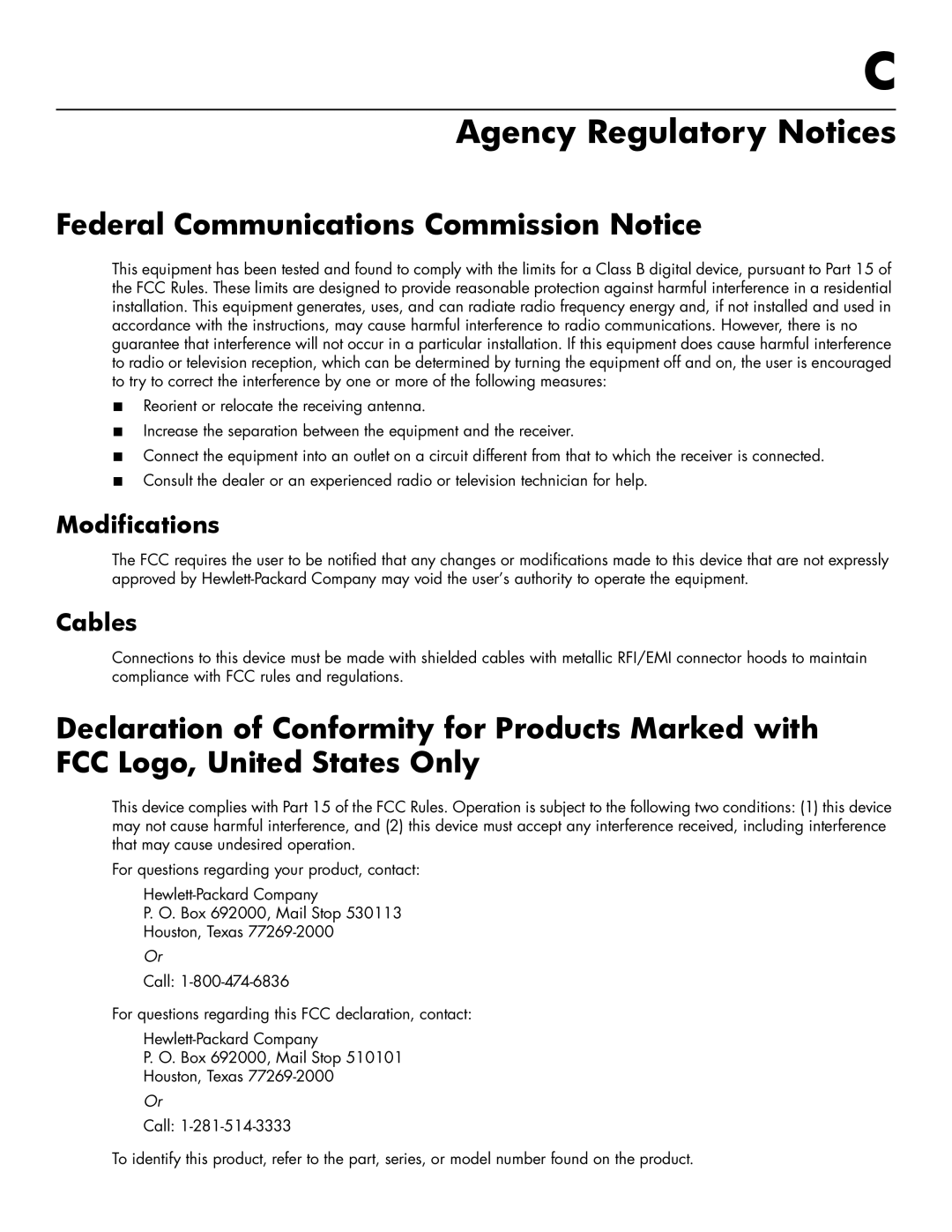 HP 2709M, 2309V, 2159V, 1859M Agency Regulatory Notices, Federal Communications Commission Notice, Modifications, Cables 