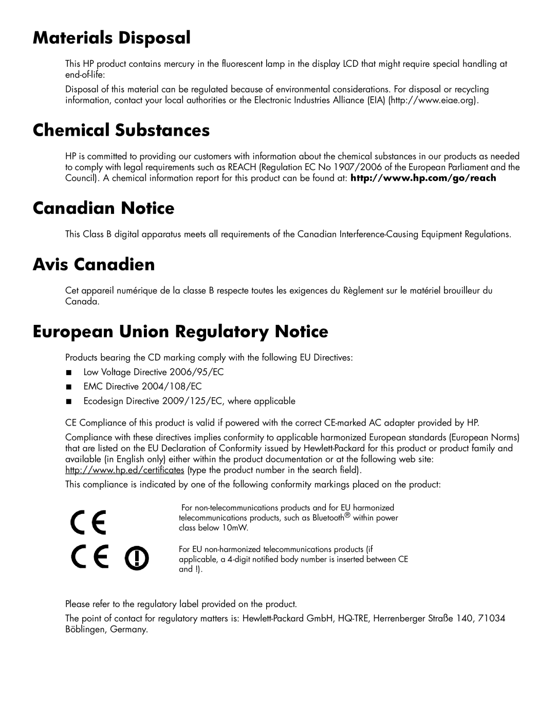 HP 2309V, 2159V Materials Disposal, Chemical Substances, Canadian Notice, Avis Canadien, European Union Regulatory Notice 