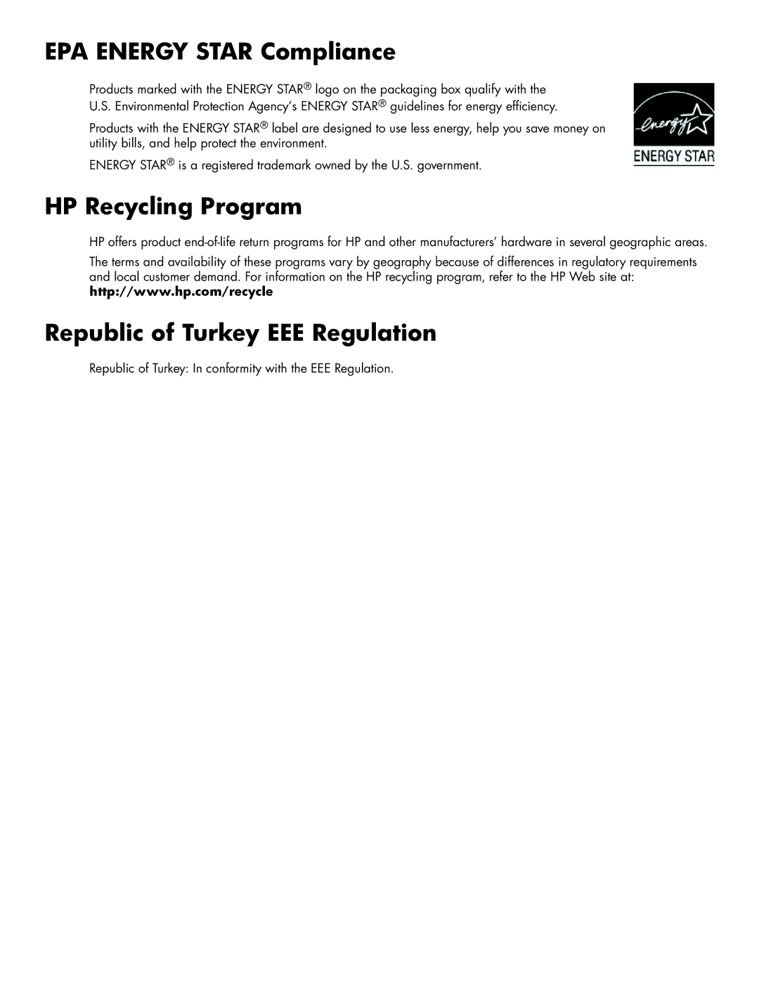 HP 1859M, 2309V, 2159V, 2009M/V/F, 2709M EPA Energy Star Compliance, HP Recycling Program, Republic of Turkey EEE Regulation 