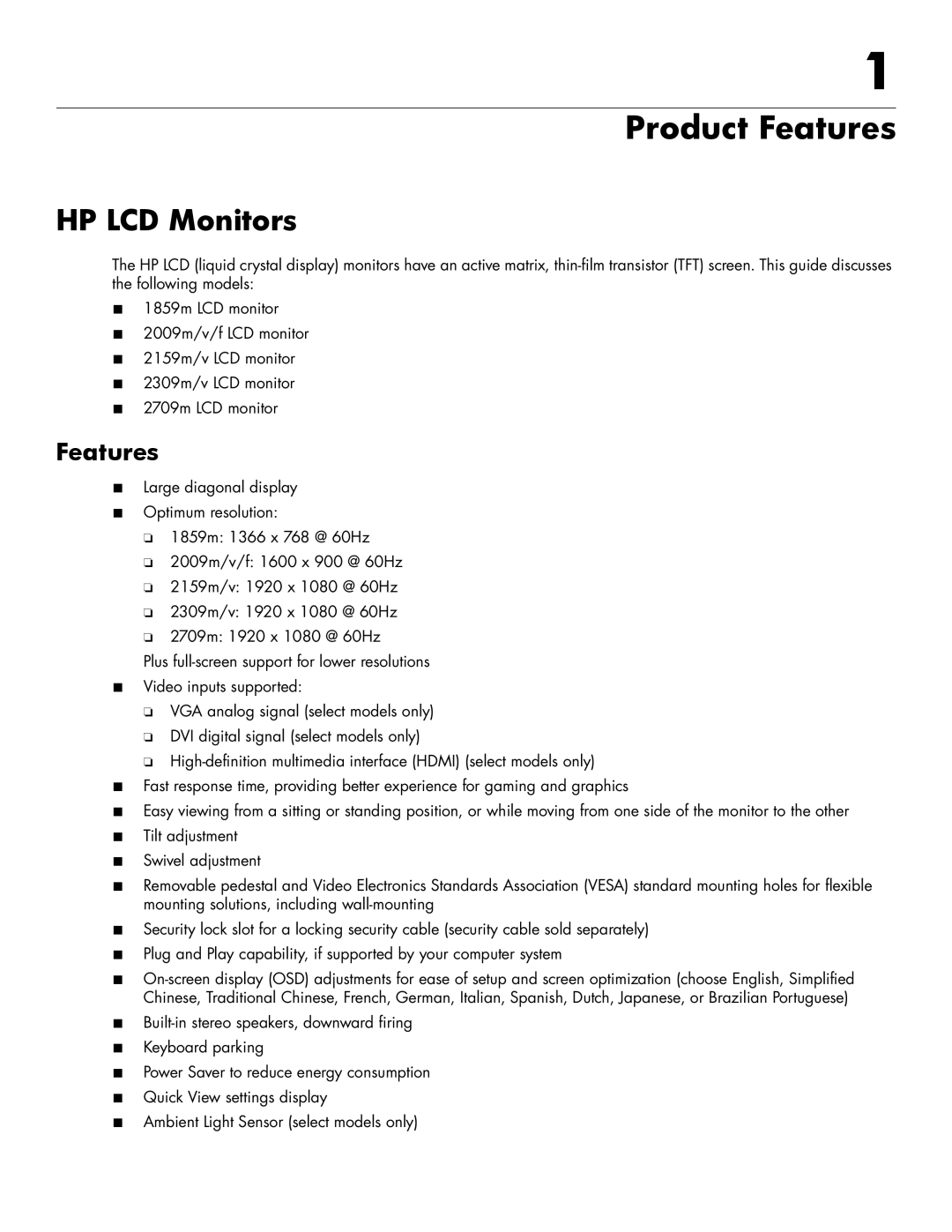 HP 2159V, 2309V, 1859M, 2009M/V/F, 2159M/V, 2709M manual Product Features, HP LCD Monitors 