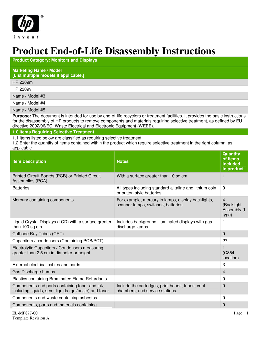 HP 2309M, 2309V manual Product End-of-Life Disassembly Instructions 