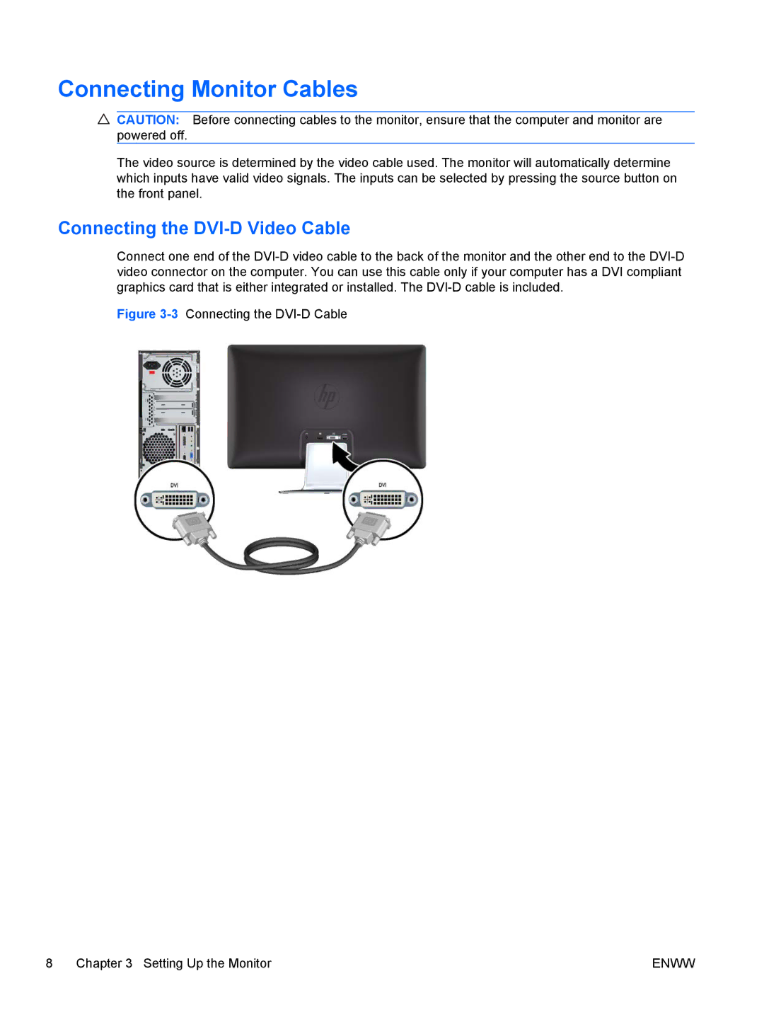 HP 2310ei manual Connecting Monitor Cables, Connecting the DVI-D Video Cable 