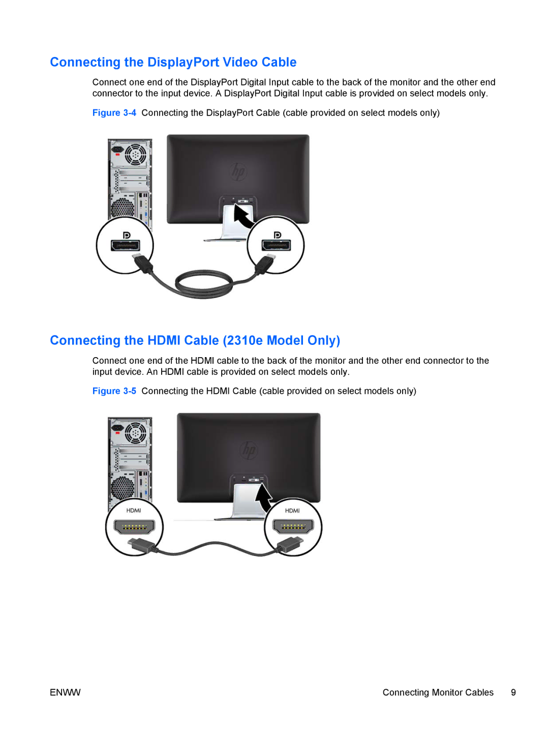 HP 2310ei manual Connecting the DisplayPort Video Cable, Connecting the Hdmi Cable 2310e Model Only 