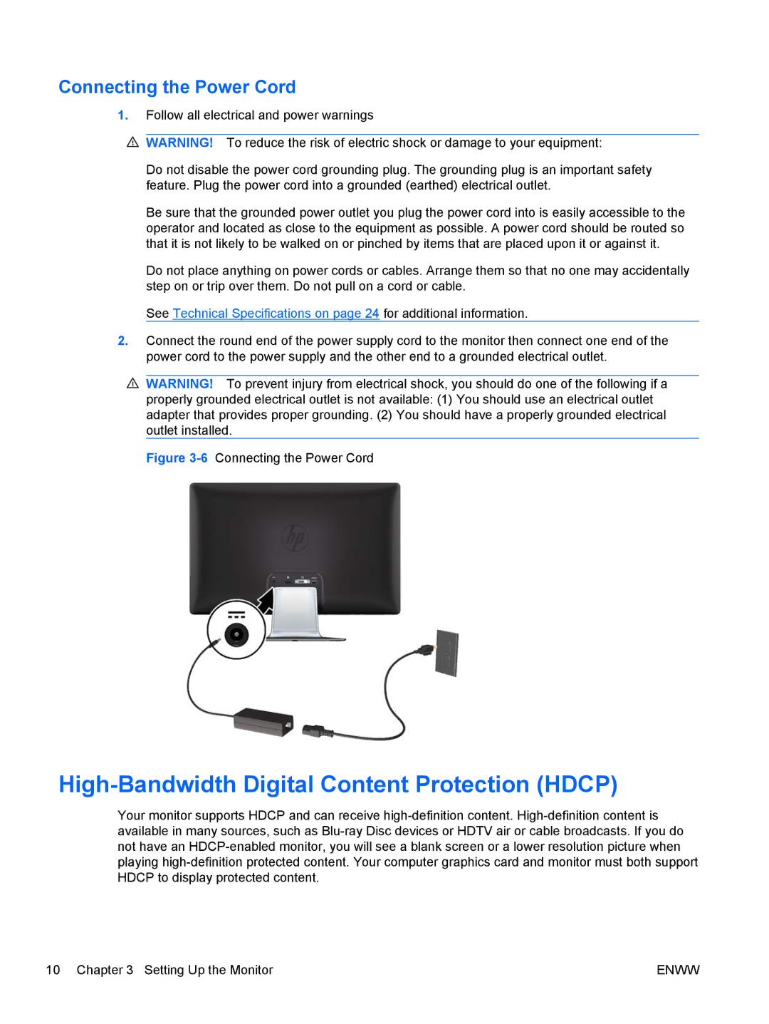 HP 2310ei manual High-Bandwidth Digital Content Protection Hdcp, Connecting the Power Cord 