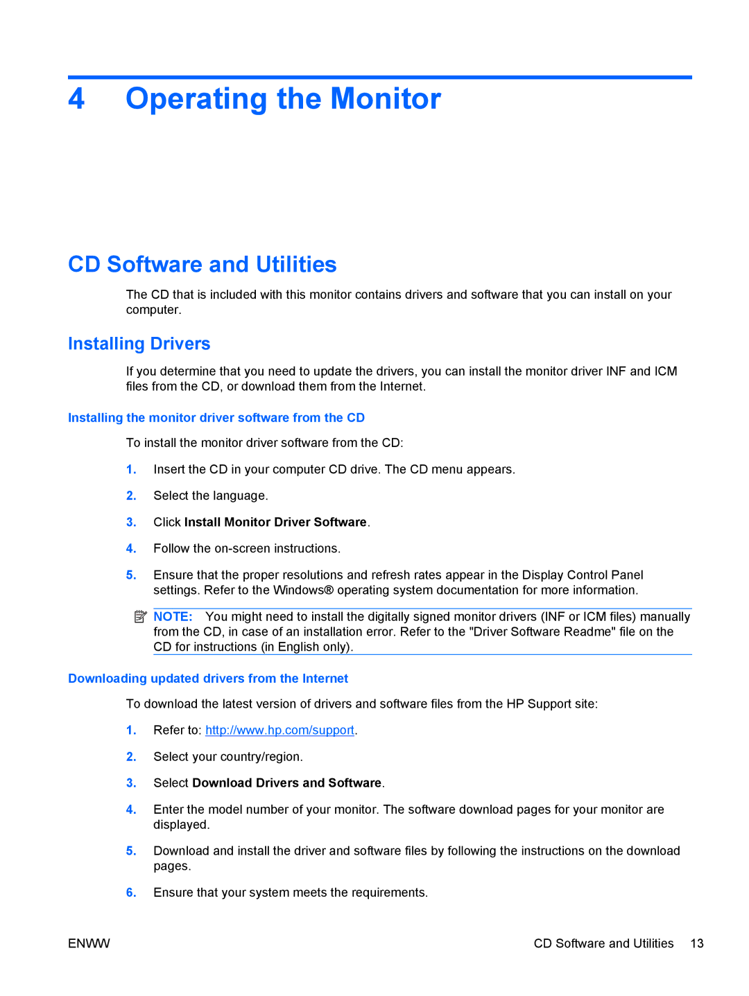 HP 2310ei manual Operating the Monitor, CD Software and Utilities, Installing Drivers 