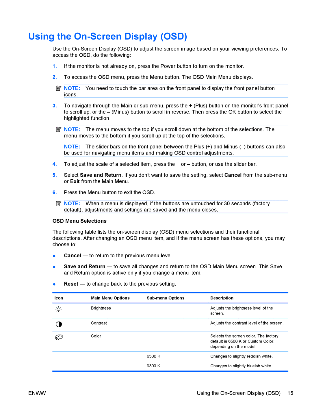 HP 2310ei manual Using the On-Screen Display OSD, OSD Menu Selections 