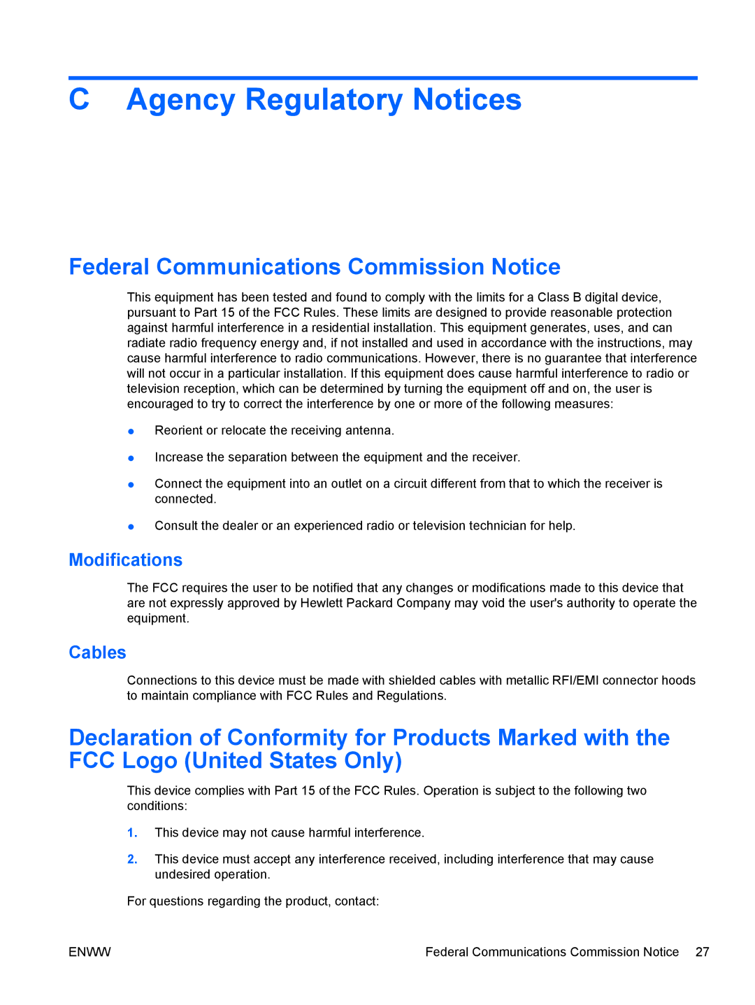 HP 2310ei manual Agency Regulatory Notices, Federal Communications Commission Notice, Modifications, Cables 