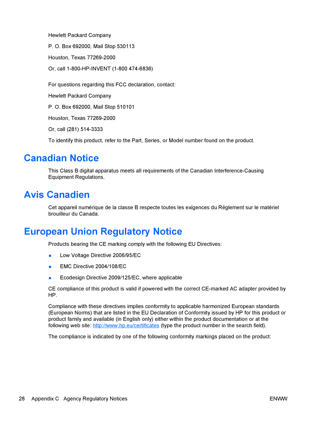 HP 2310ei manual Canadian Notice, Avis Canadien, European Union Regulatory Notice 