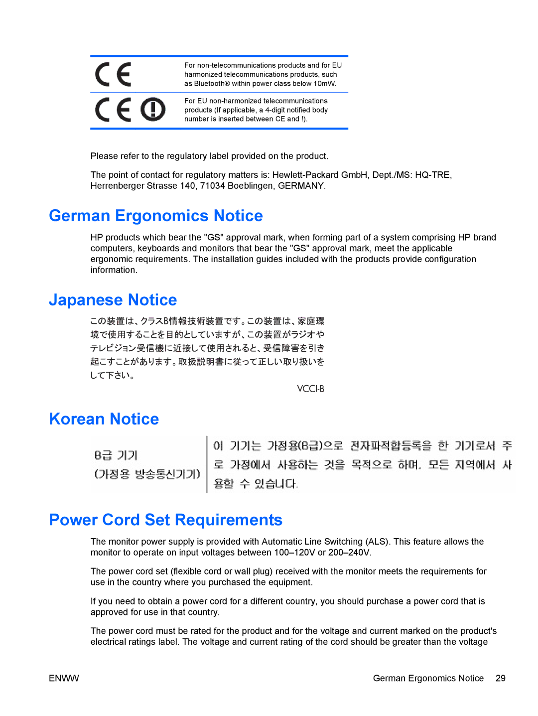 HP 2310ei manual German Ergonomics Notice, Japanese Notice Korean Notice Power Cord Set Requirements 