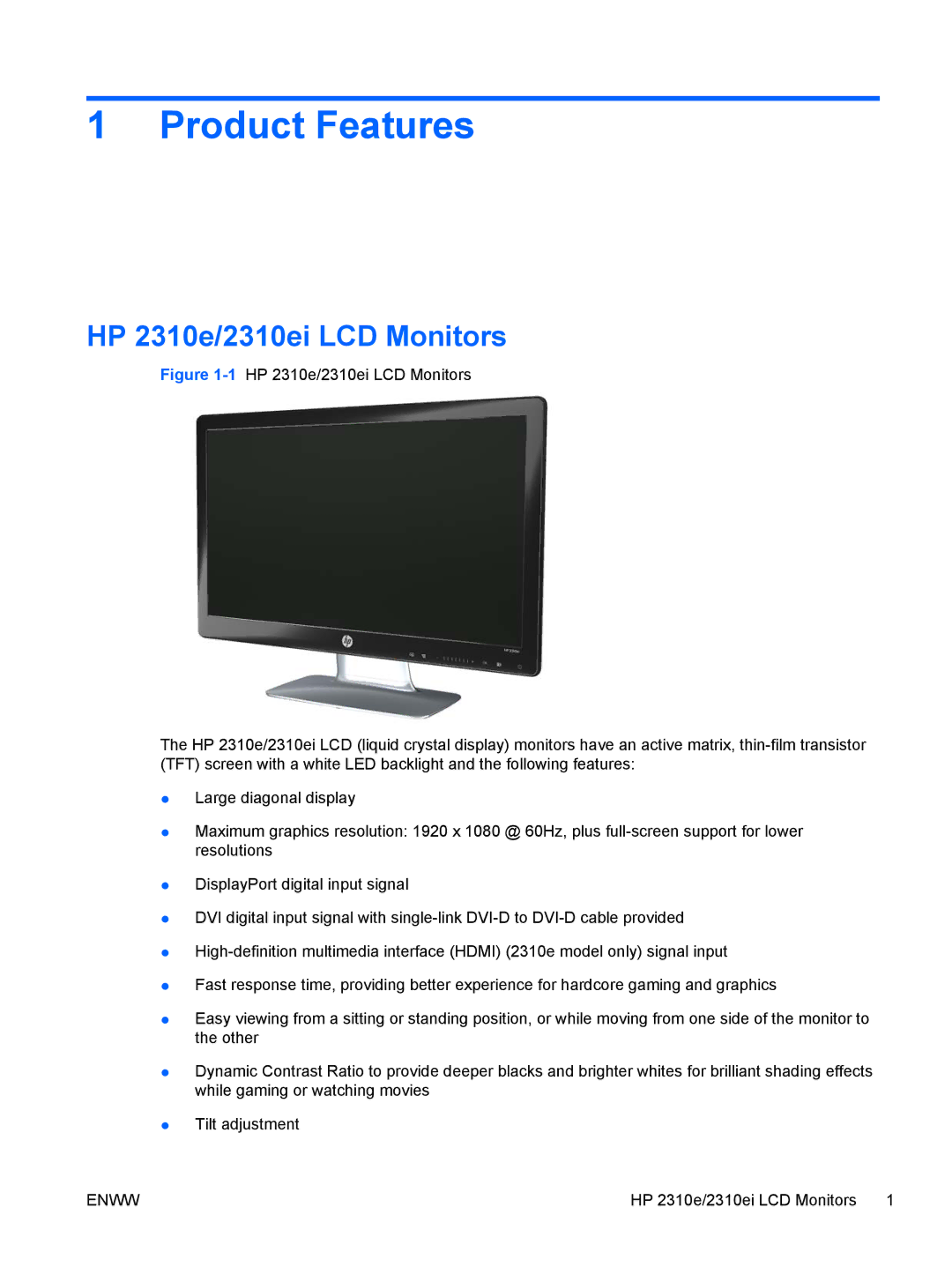 HP manual Product Features, HP 2310e/2310ei LCD Monitors 