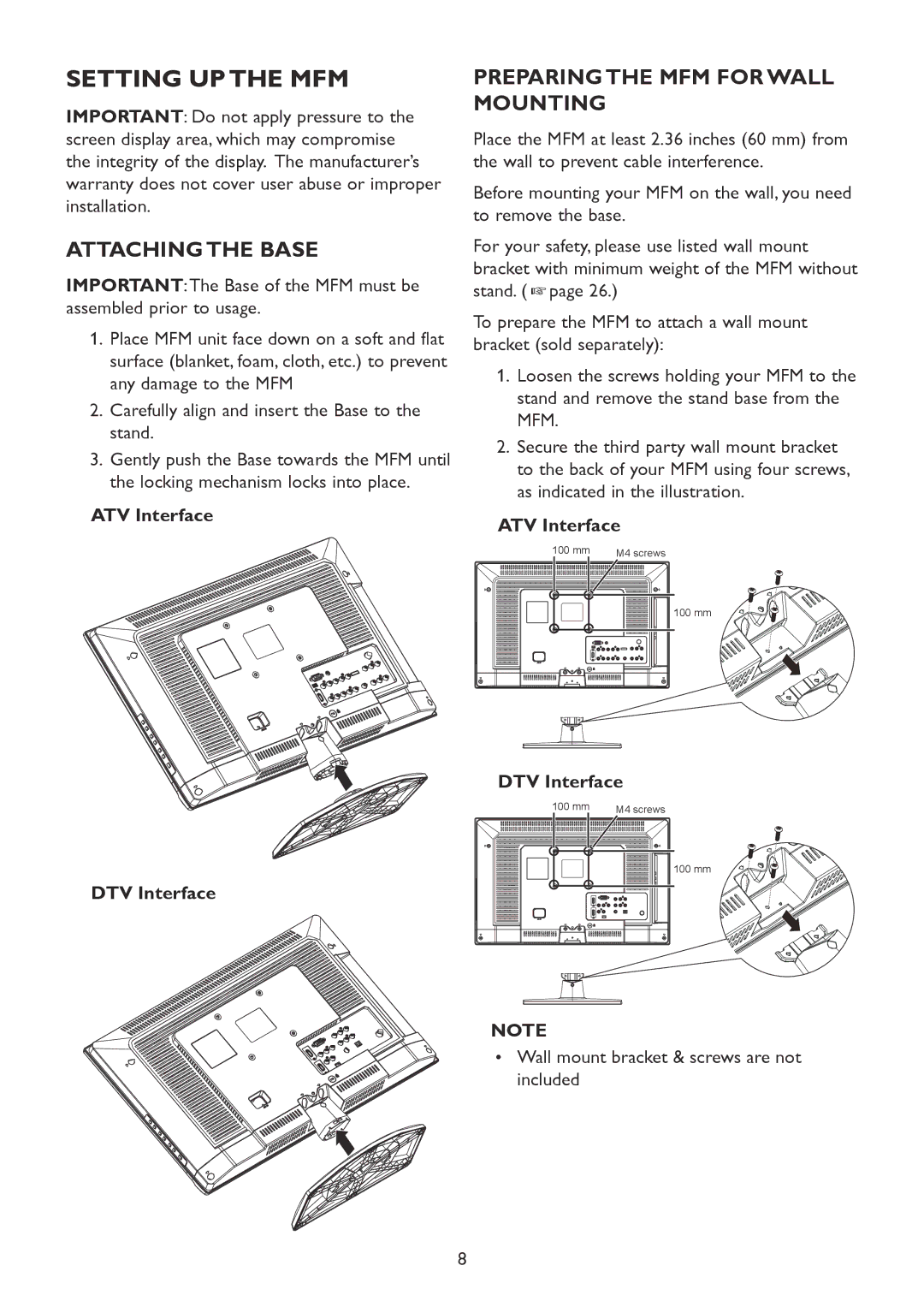 HP 2310mfd manual Setting UP the MFM, Attaching the Base, Preparing the MFM for Wall Mounting, ATV Interface DTV Interface 