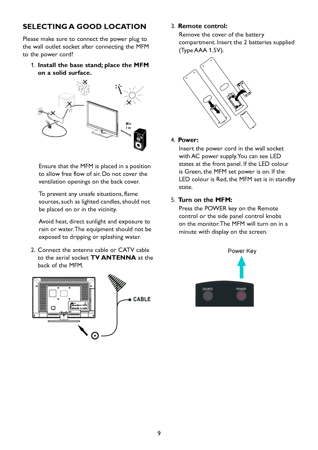 HP 2310mfd manual Selecting a Good Location, Install the base stand place the MFM on a solid surface, Remote control, Power 